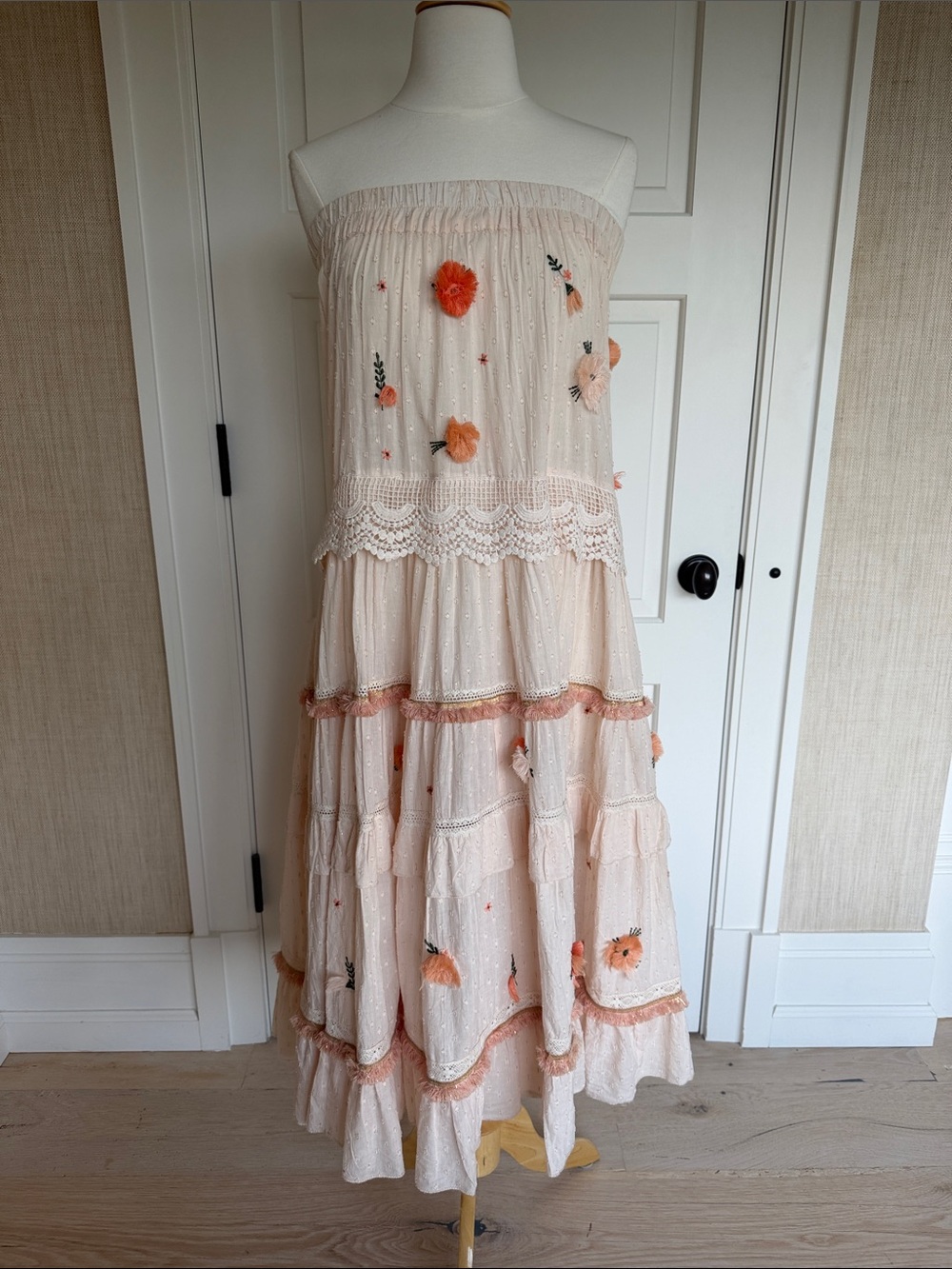 Boho Tiered Maxi Skirt in Blush with Peach Floral Appliqué